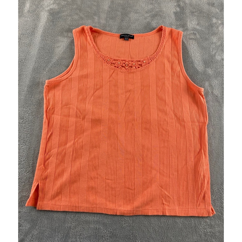 Carolyn Taylor Woman Coral Orange Ribbed Tank Top Crochet Lace Beaded Plus 1X